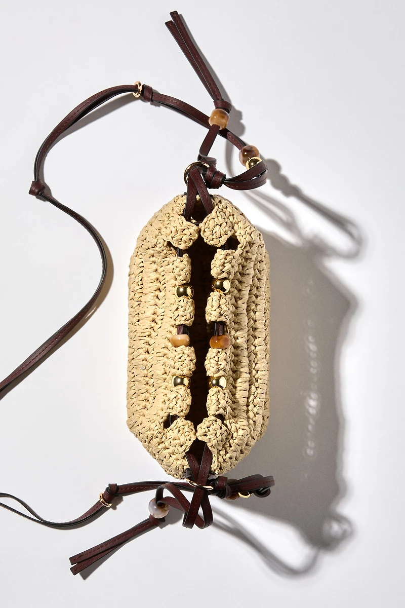 Bead-Detail Straw Crossbody Bag