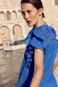Flutter-Sleeve Dress with Eyelet Embroidery