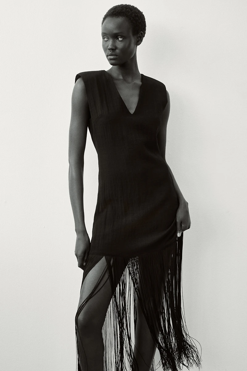 Fringed Dress with Shoulder Pads