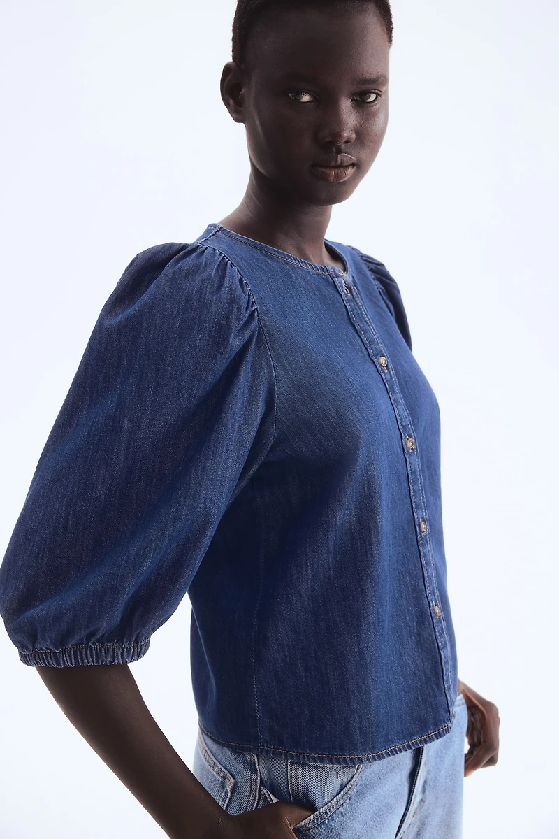 Balloon-Sleeved Denim Blouse