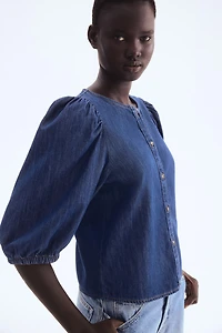 Balloon-Sleeved Denim Blouse