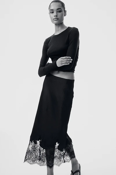 Lace-Trimmed Satin Skirt