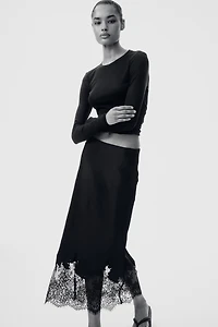 Lace-Trimmed Satin Skirt