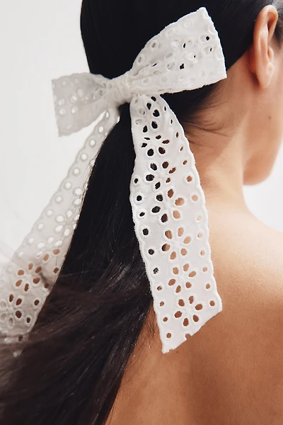 Eyelet-Embroidered Bow Hair Clip