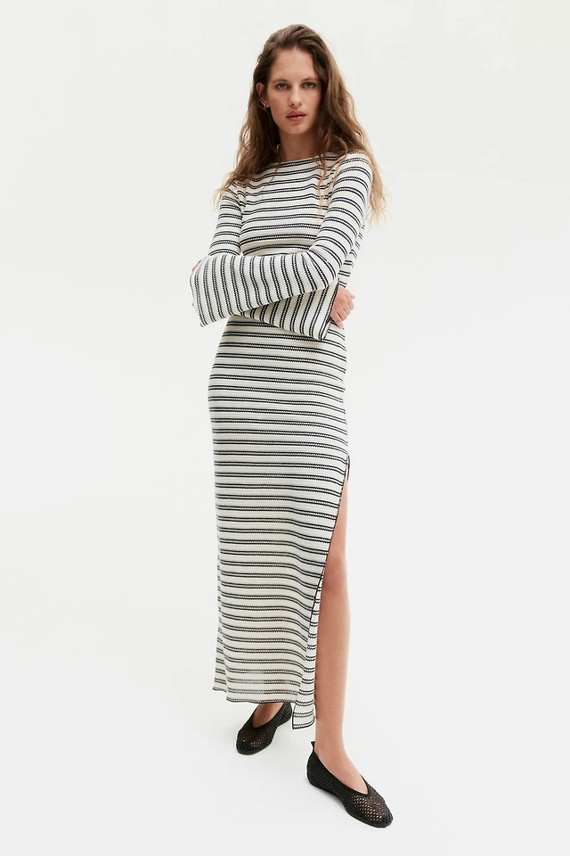h&m knit maxi dress H&M Pointelle-Knit Maxi Dress With Trumpet Sleeves - Brown