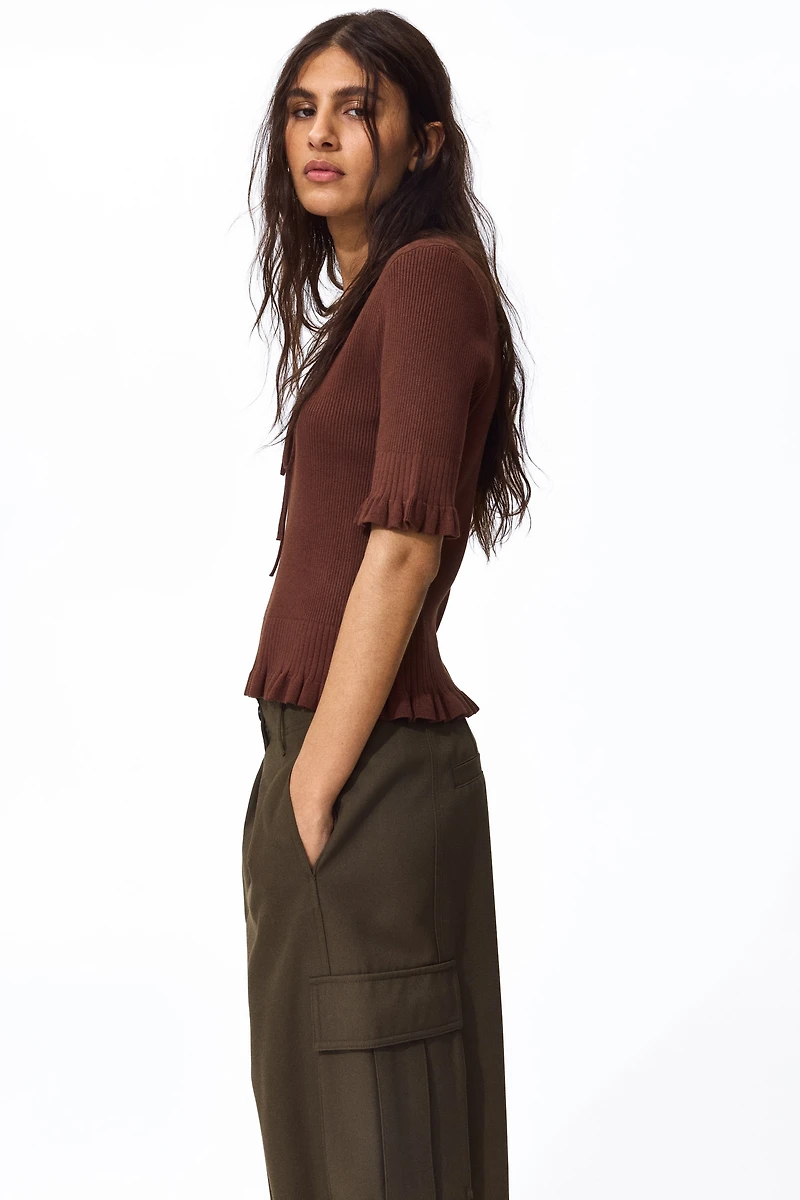 Ruffle-Trimmed Rib-Knit Top