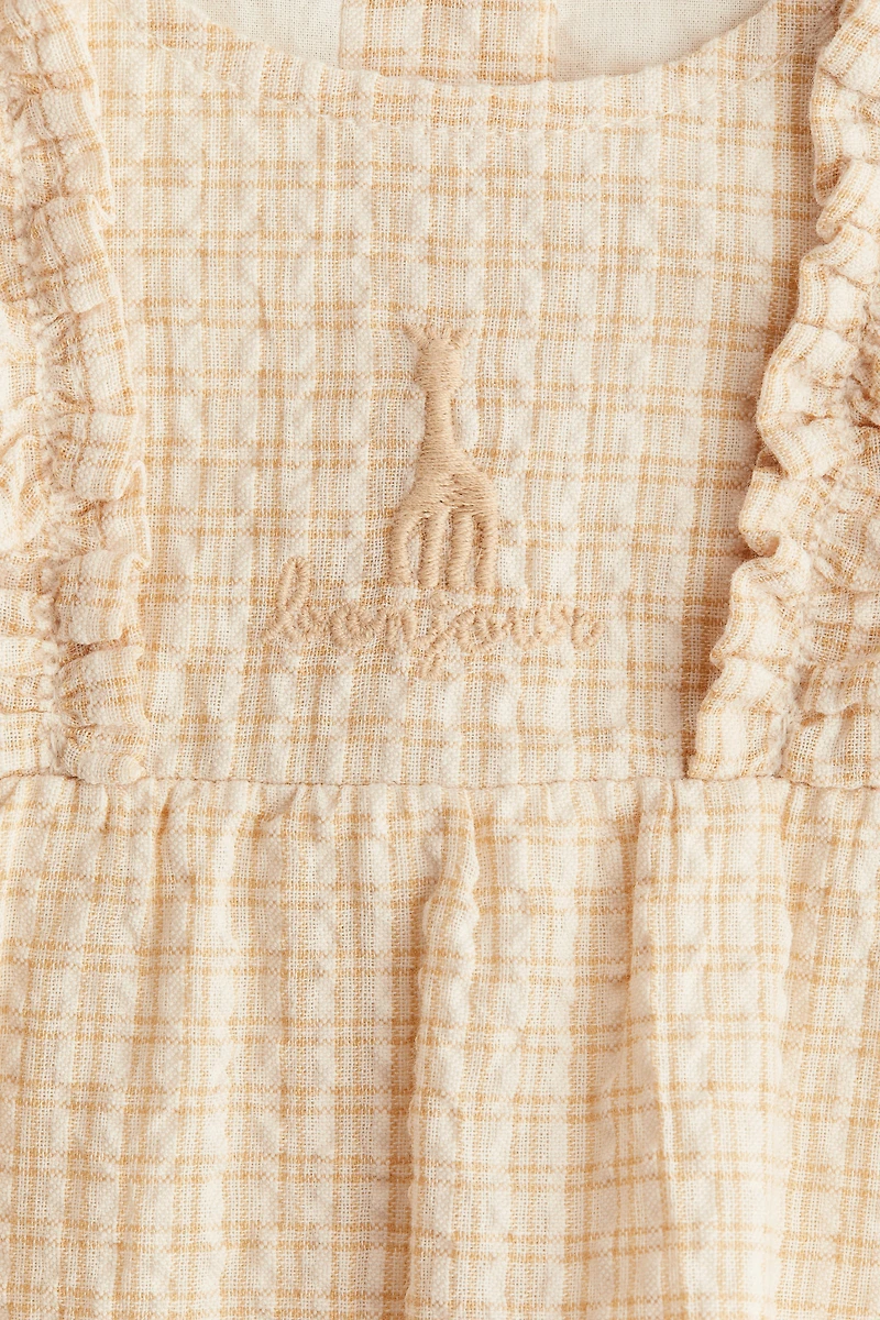 Embroidered-Detail Seersucker Romper Suit