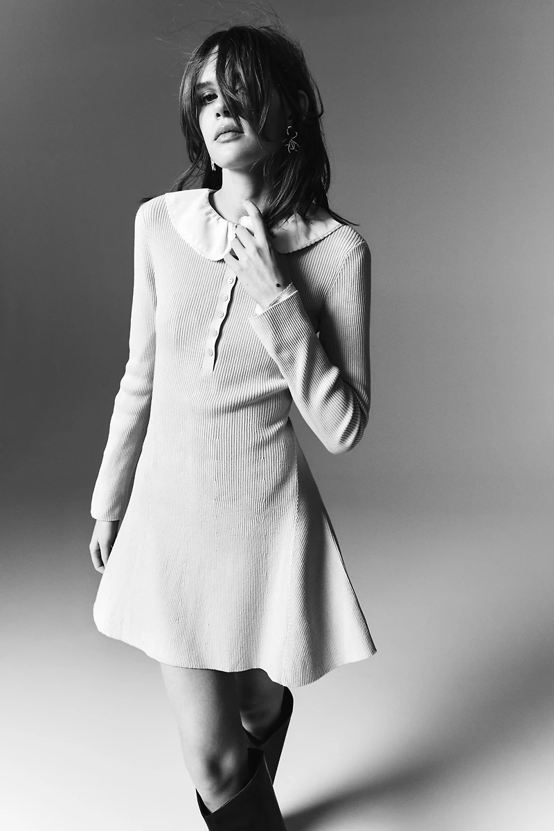 Rib-Knit Dress with Flared Skirt