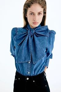 Scarf-Detail Denim Blouse