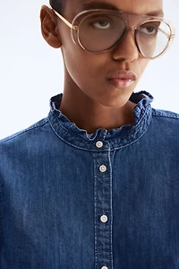 Ruffle-Trimmed Denim Blouse