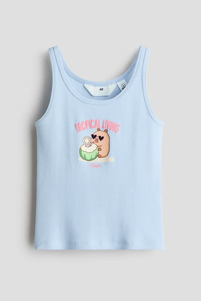 Ribbed Tank Top with Printed Motif