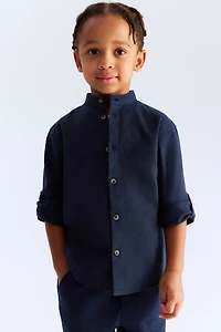 Linen-Blend Band Collar Shirt