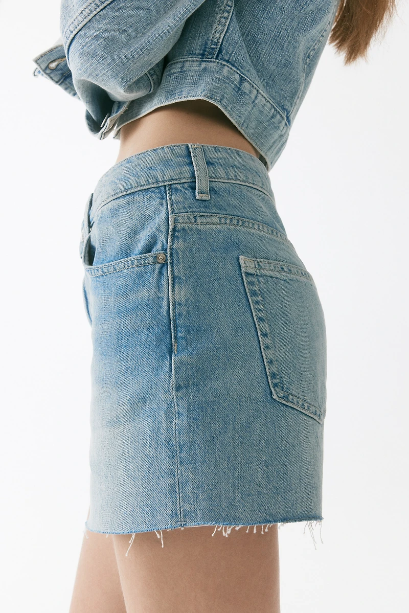 Raw-edge denim shorts