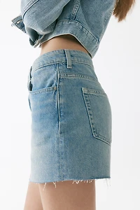 Raw-edge denim shorts