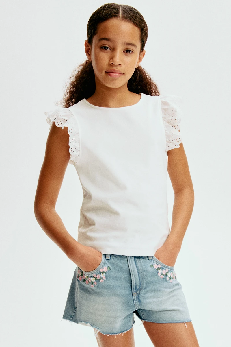 Flutter-Sleeve Top with Eyelet Embroidery