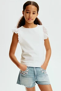 Flutter-Sleeve Top with Eyelet Embroidery