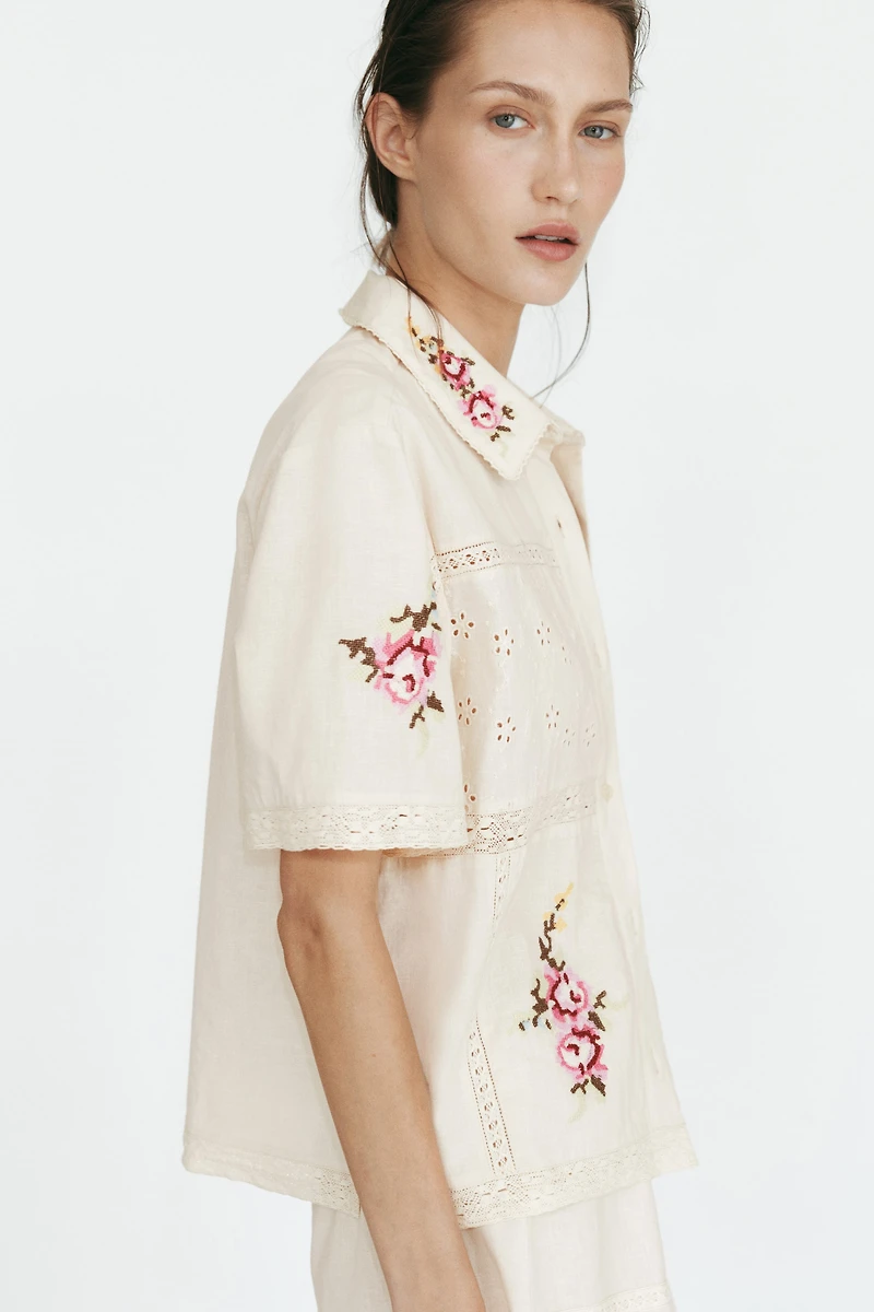 Linen-Blend Pajama Shirt
