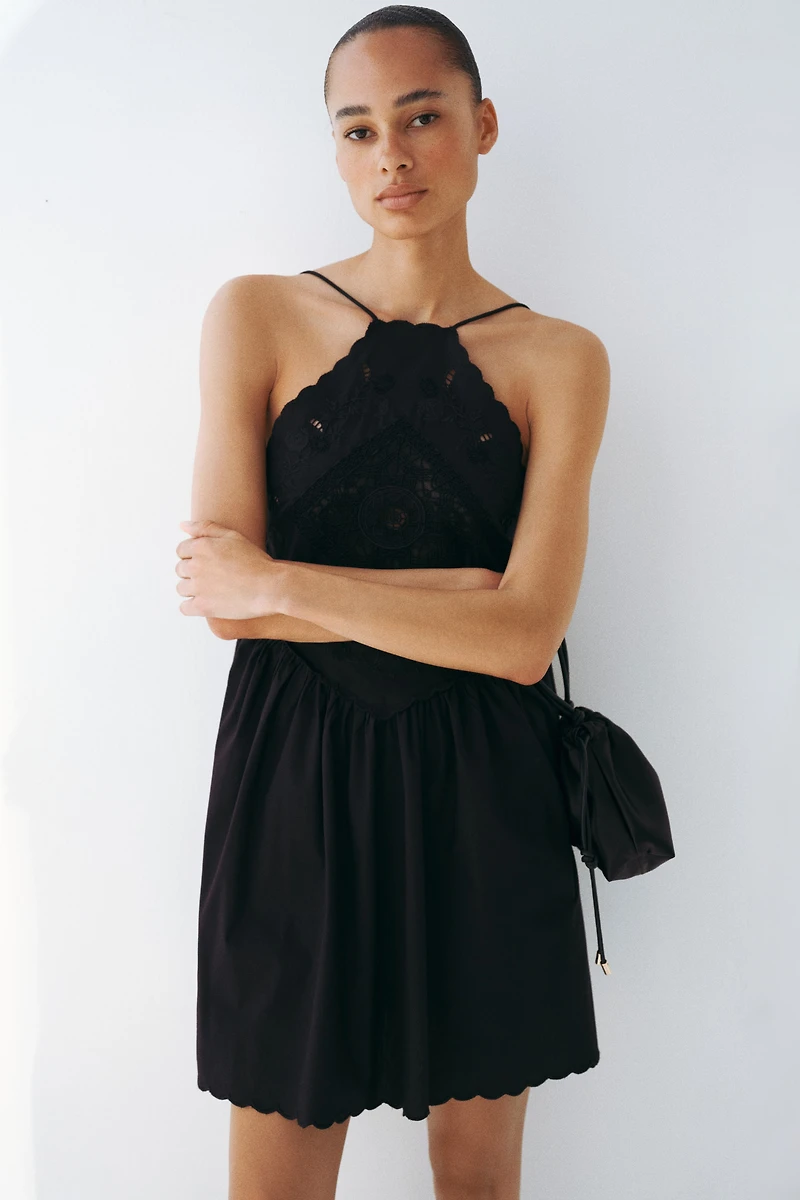 Flared-Skirt Dress with Eyelet Embroidery