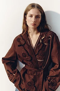 Tie-Belt Jacket with Eyelet-Embroidered Details