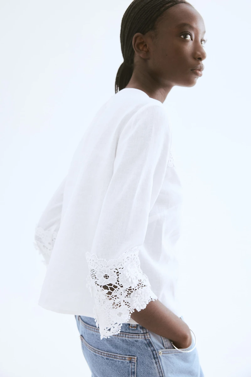 Linen-Blend Blouse with Embroidery