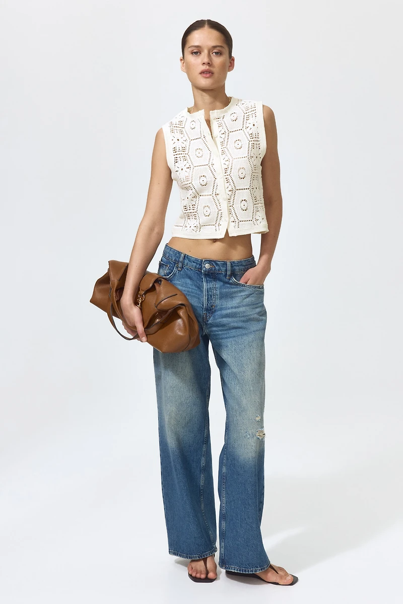 Crochet-Look Button-Front Top
