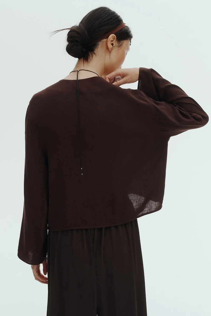 Linen-Blend Wrap Blouse