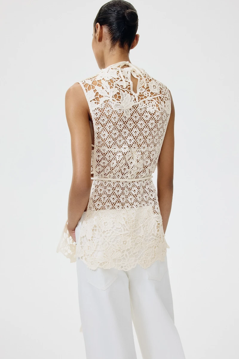 Crochet-Look Top with Tie Belt