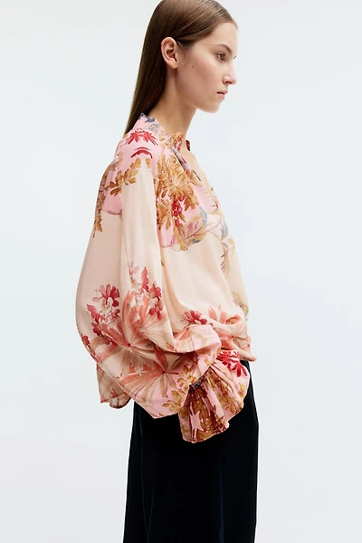 Button-Front Balloon-Sleeved Blouse