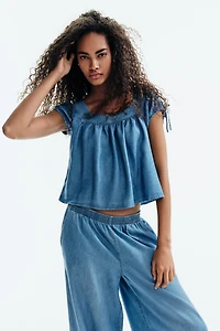 Puff-Sleeved Denim Blouse