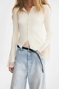 Lace-Trimmed Rib-Knit Cardigan