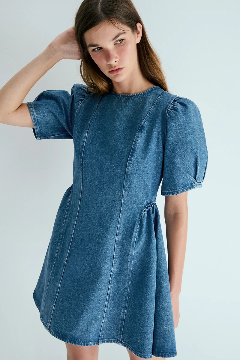 Flared-Skirt Denim Dress