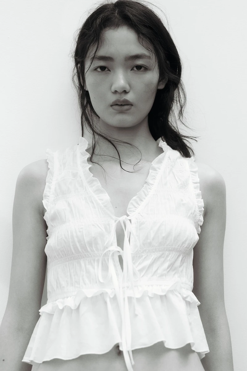 Tie-Detail Smocked Top