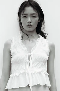 Tie-Detail Smocked Top