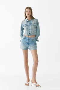 Raw-edge denim shorts