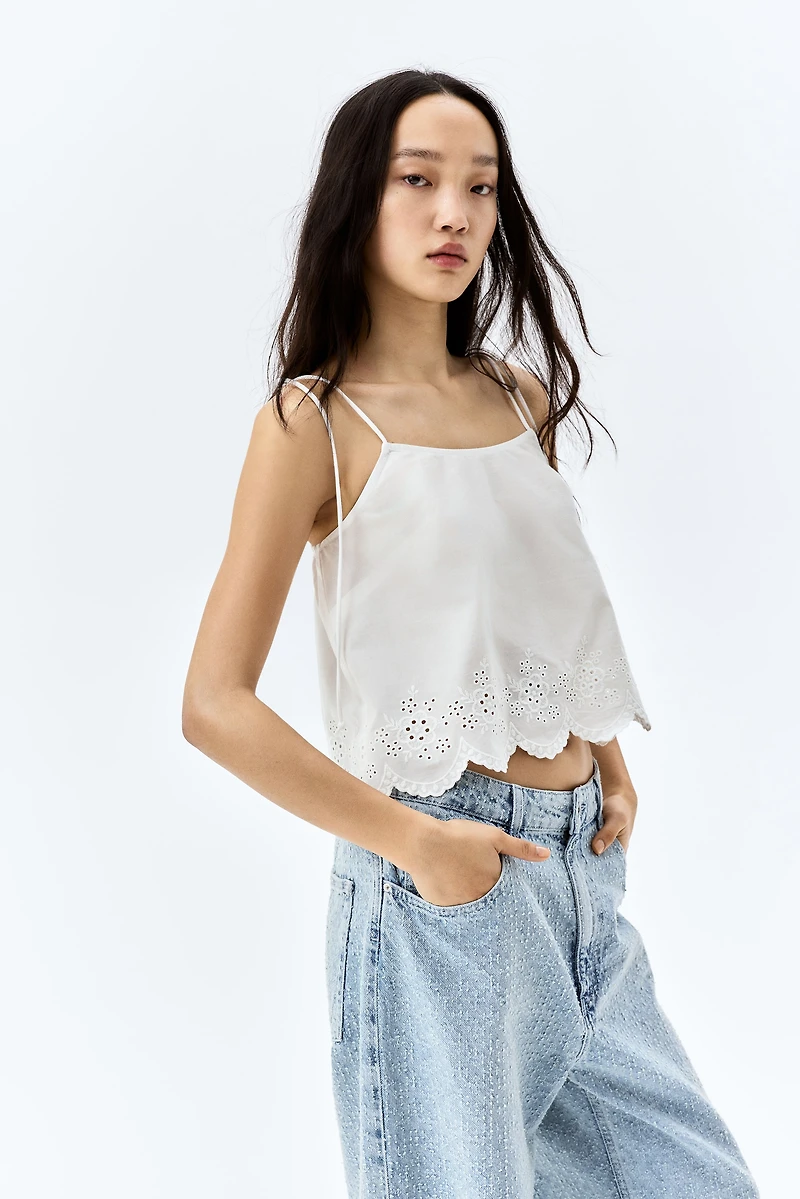 Embroidered Top with Tie Shoulder Straps