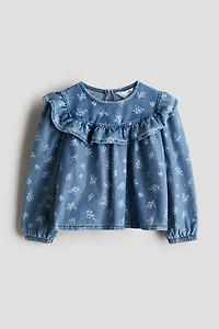 Ruffle-Trimmed Denim-Look Blouse