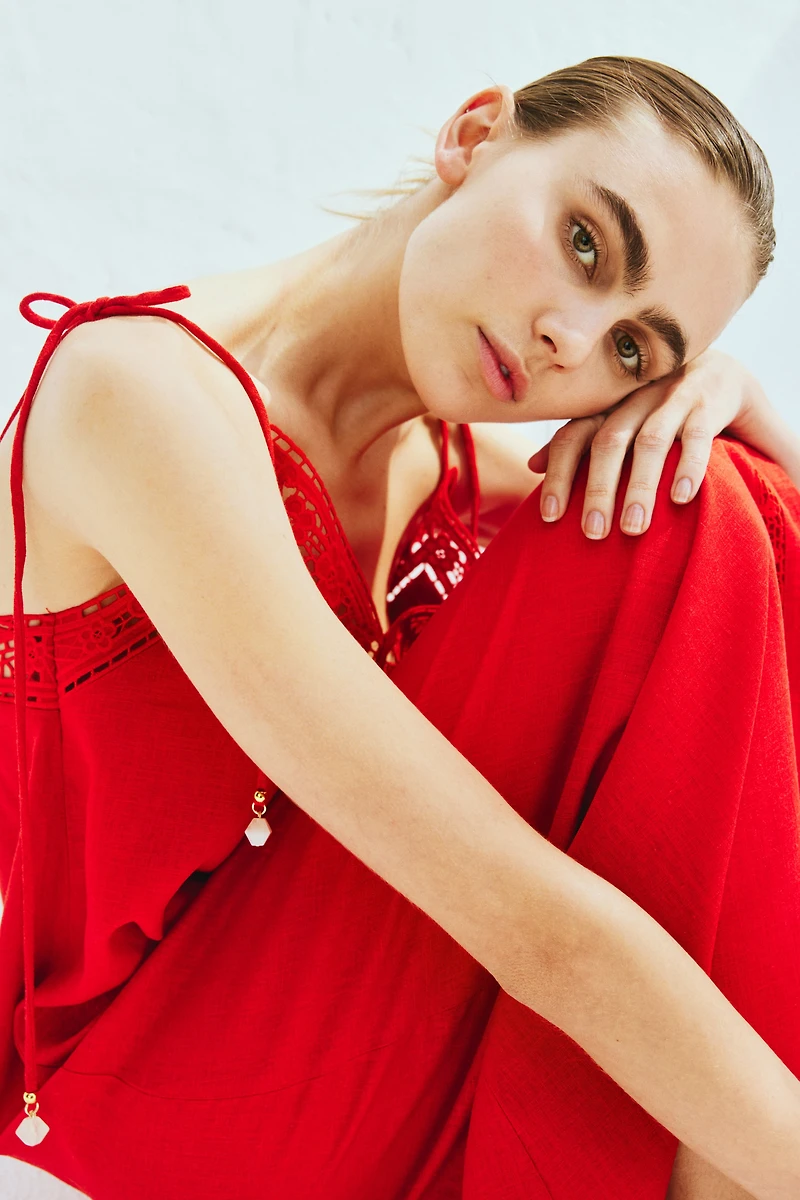 Eyelet-Embroidered Dress with Tie Shoulder Straps