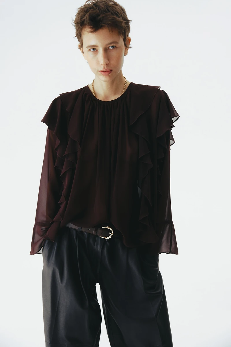 Sheer Flounce-Trimmed Blouse