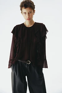 Sheer Flounce-Trimmed Blouse