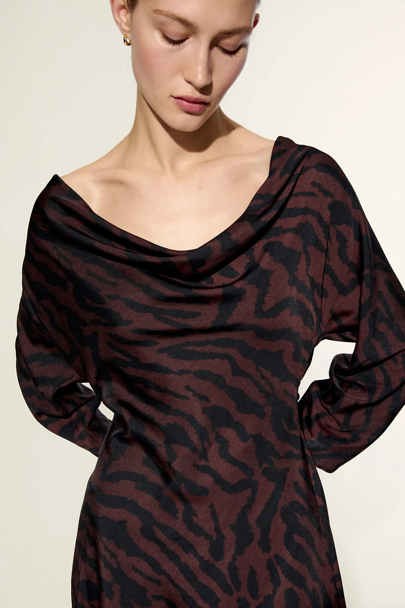 Cowl-Neck Dress with Flared Skirt