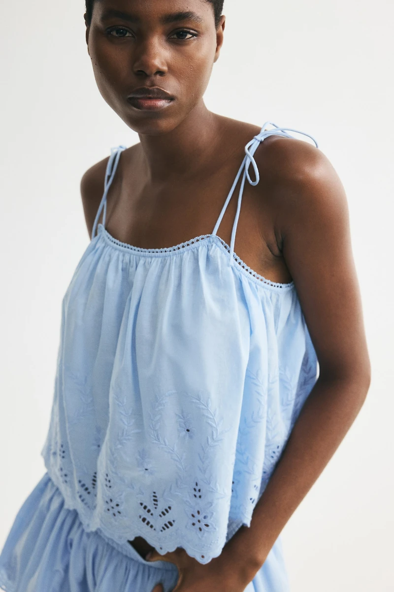 Eyelet-Embroidered Top with Tie Shoulder Straps