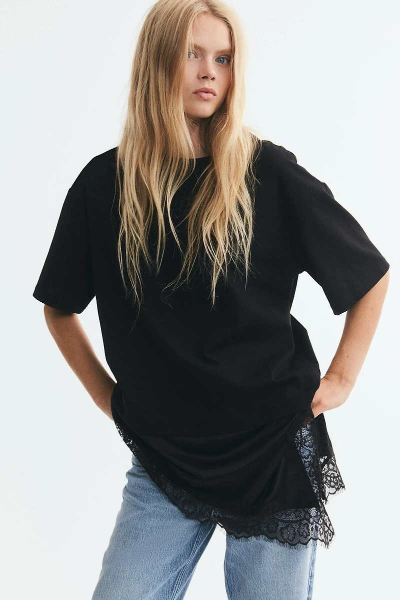 Lace-Trimmed Asymmetric T-Shirt