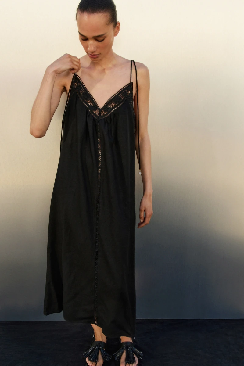 Eyelet-Embroidered Dress with Tie Shoulder Straps