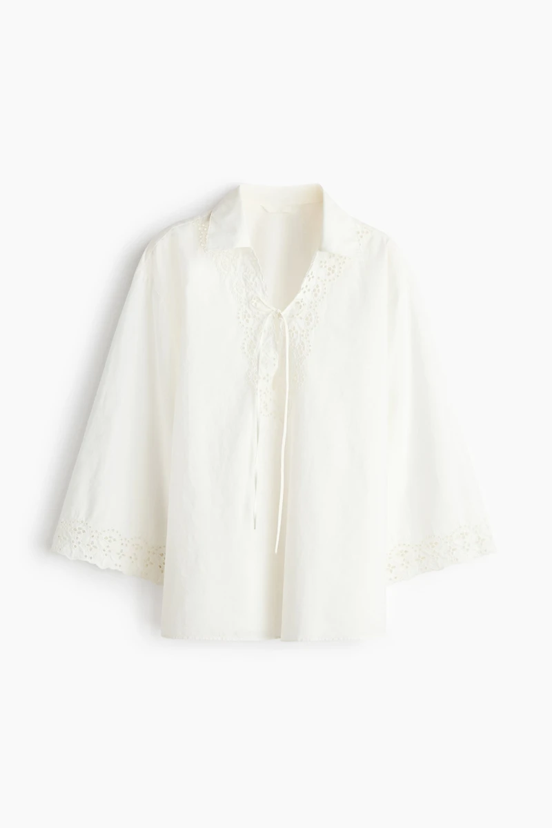 Cotton Pullover Shirt with Eyelet Embroidery