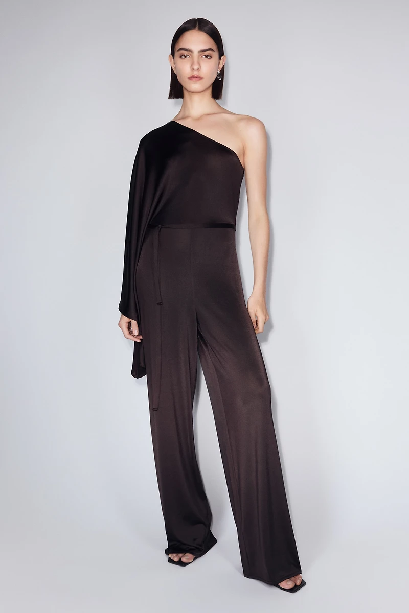 Tie-Belt One-Shoulder Jumpsuit