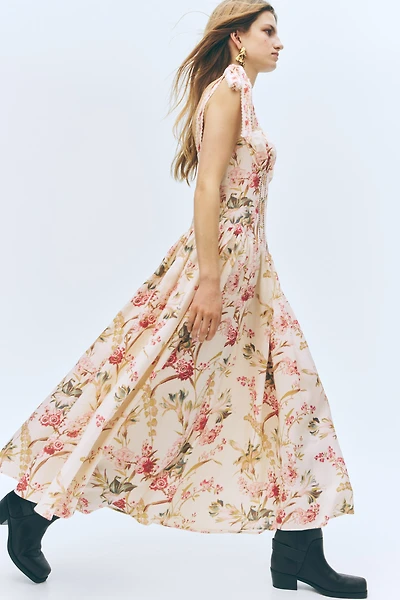 Linen-Blend Dress with Tie Shoulder Straps