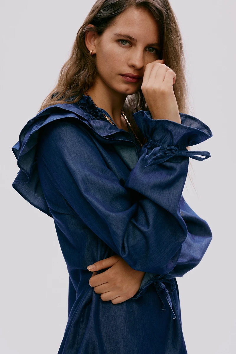 Ruffle-Trimmed Denim Dress