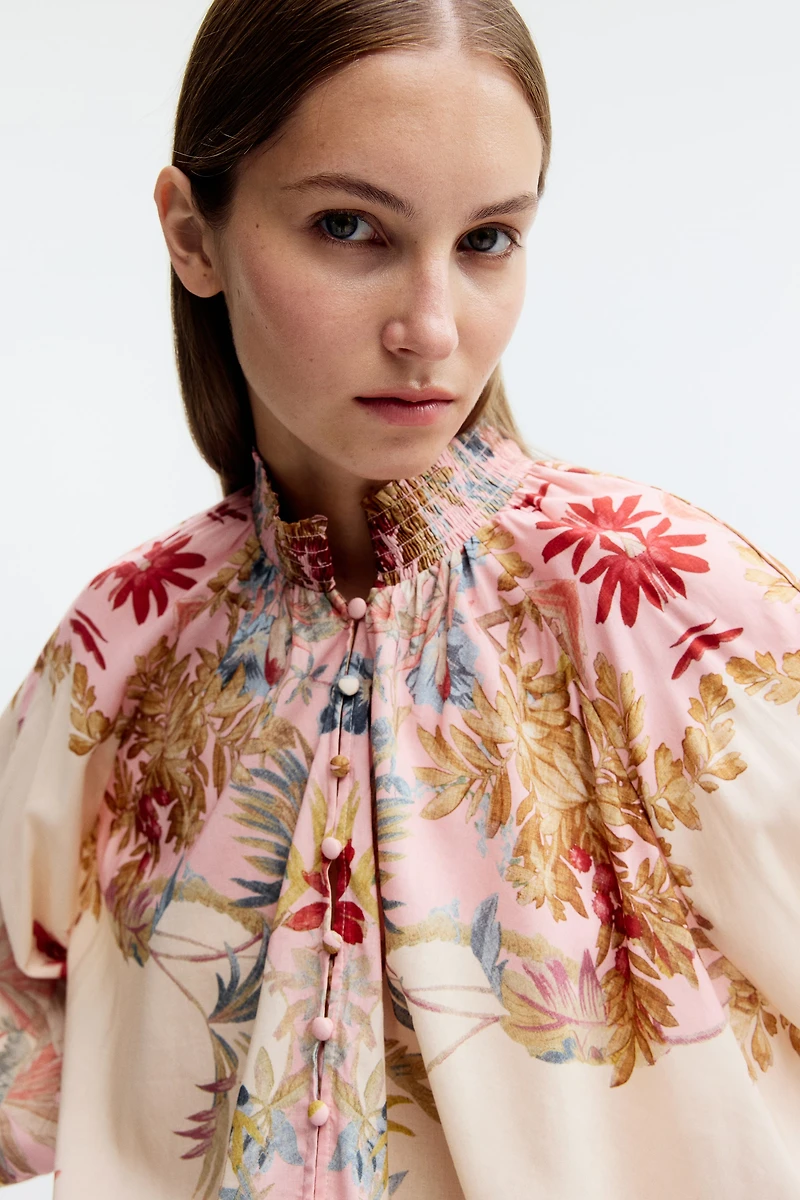 Button-Front Balloon-Sleeved Blouse
