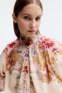 Button-Front Balloon-Sleeved Blouse