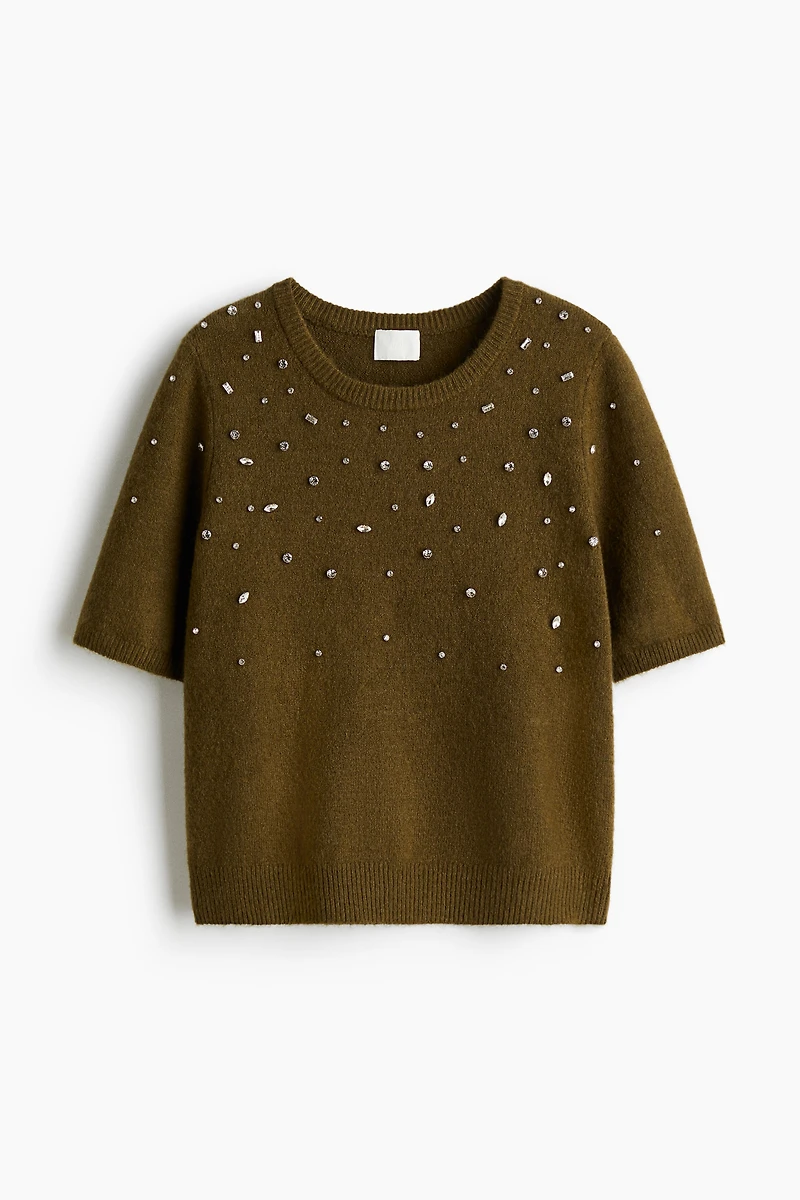 Rhinestone-Embellished Fine-Knit Top